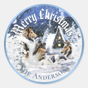 Christmas Winter Fairy Tale, Collies and Lambs - Classic Round Sticker