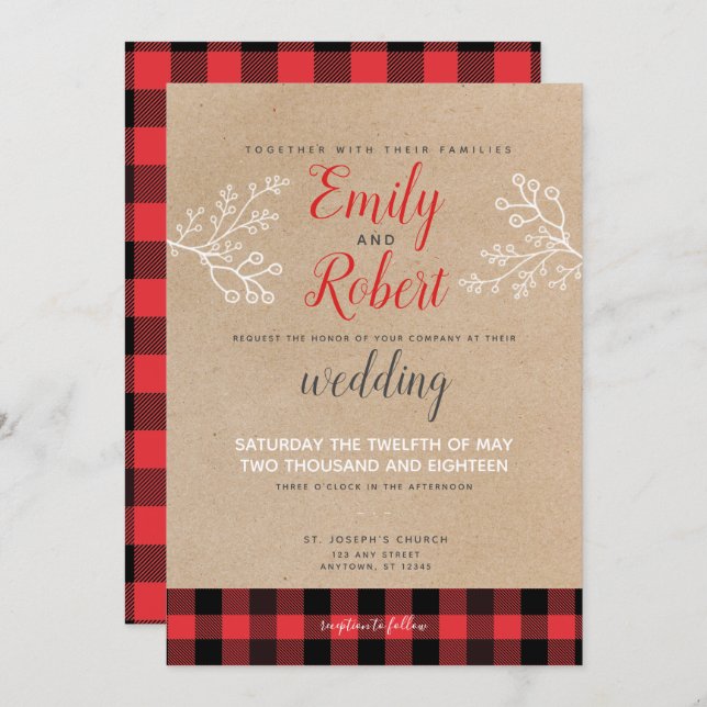 Christmas Winter Flannel Red Black Wedding Invitation (Front/Back)
