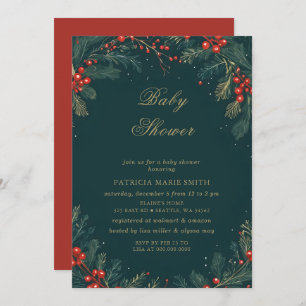 Christmas Winter Floral Green Gold Baby Shower Invitation