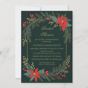 Christmas Winter Floral Green Gold Bridal Shower Invitation