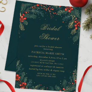 Christmas Winter Floral Green Gold Bridal Shower Invitation