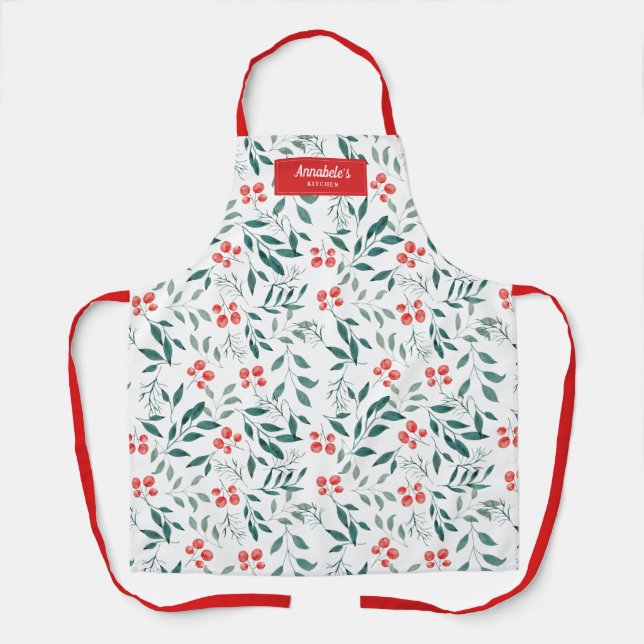 Christmas Winter Floral Watercolor Blue Green Apron (Front)