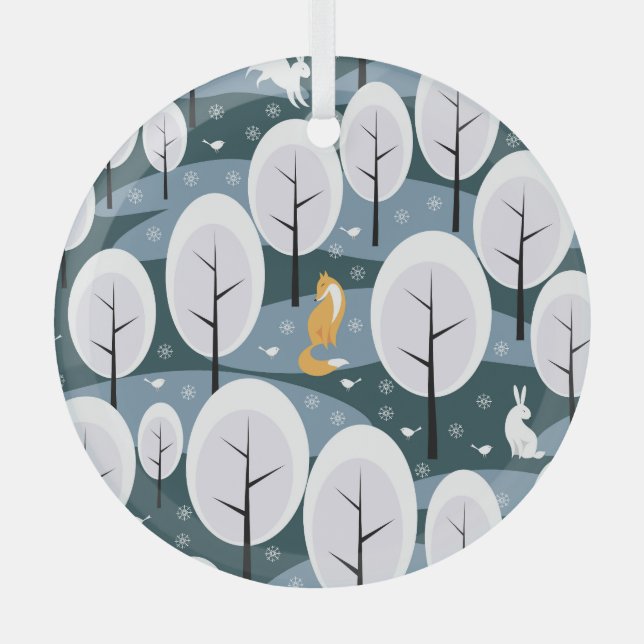 Christmas Winter Forest: Animals Seamless Pattern Glass Tree Decoration (Front)