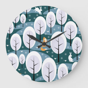 Christmas Winter Forest: Animals Seamless Pattern Large Clock