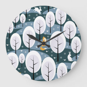 Christmas Winter Forest: Animals Seamless Pattern Large Clock
