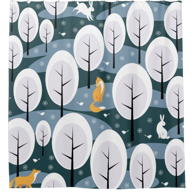 Christmas Winter Forest: Animals Seamless Pattern Shower Curtain (Front)