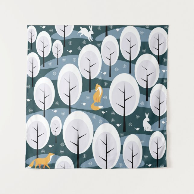 Christmas Winter Forest: Animals Seamless Pattern Tapestry (Front)