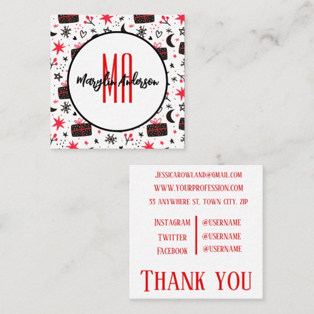 CHRISTMAS WINTER GIFTS AND SNOWFLAKES MONOGRAM SQUARE BUSINESS CARD (Front/Back)