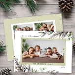 Christmas Winter Greenery 3 Photos Message Holiday Card<br><div class="desc">This elegant photo Christmas card offers space for 3 pictures and is accented with classy watercolor winter greenery. The greeting reads "Merry Christmas". Custom text,  on the back side,  allows you to add a personal message.</div>