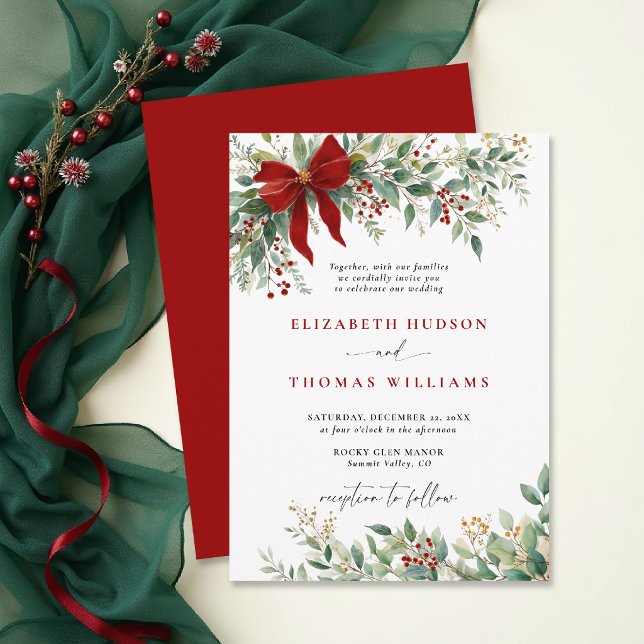 Christmas Winter Greenery Bow Red Rustic Wedding Invitation (christmas wedding invitation card template design winter greenery watercolor botanical rustic chic)