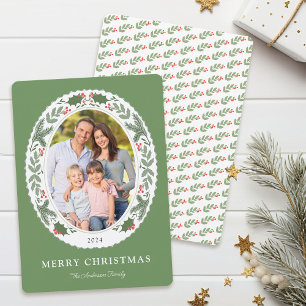 Christmas Winter Greenery Oval Photo Holiday Card