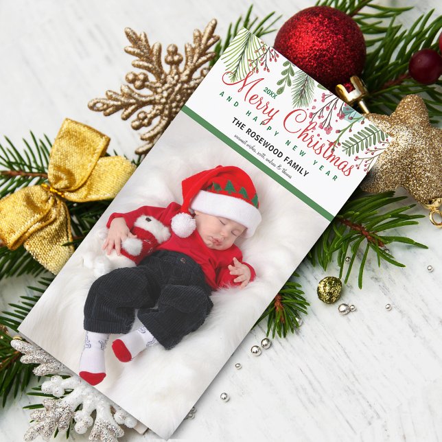 Christmas Winter Greenery Photo Holiday Card (Christmas Winter Greenery Photo Holiday Card)