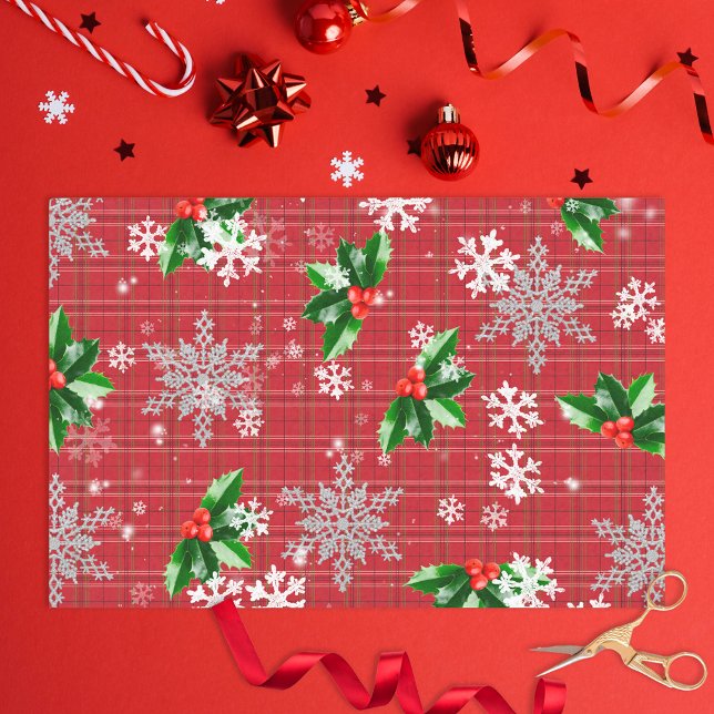 Christmas Winter Greenery Snowflakes On Red Plaid Tissue Paper (Creator Uploaded)