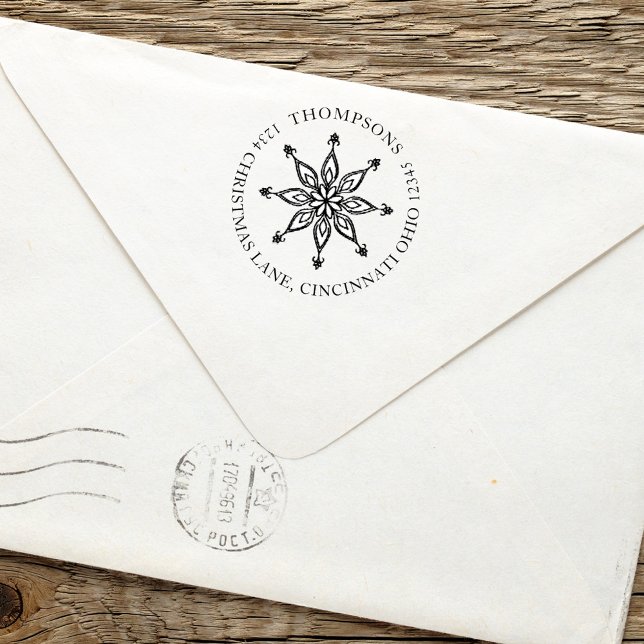 Christmas Winter Holiday Simple Cute Snowflake Fun Self-inking Stamp (Whimsical simple winter snowflake design with circle text typography. )