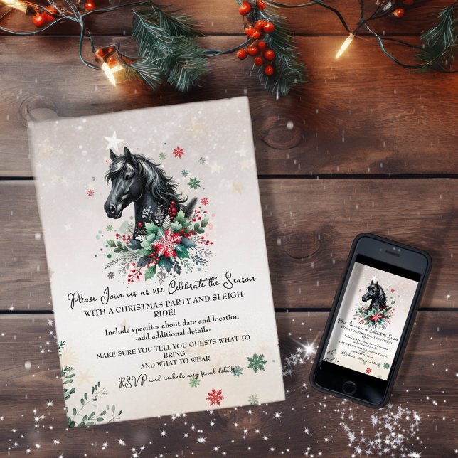 Christmas  Winter Horse With Flowers Invitation (Enjoy this Festive Christmas design! Customize with your favorite holiday event or greeting. )