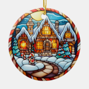 Christmas winter house  stained glass style ceramic ornament