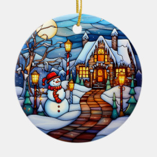 Christmas winter house  stained glass style ceramic ornament