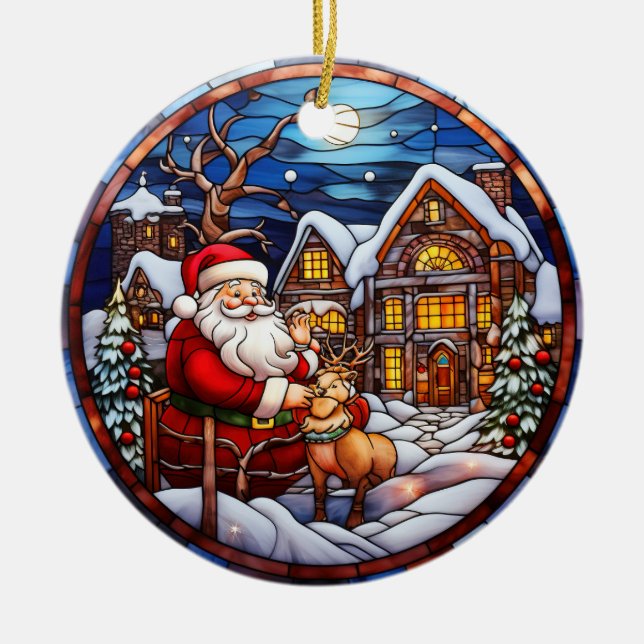 Christmas winter house  stained glass style ceramic ornament (Front)