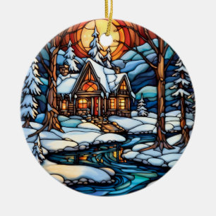 Christmas Winter Landscape stained glass style Ceramic Ornament
