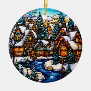 Christmas Winter Landscape stained glass style Ceramic Ornament