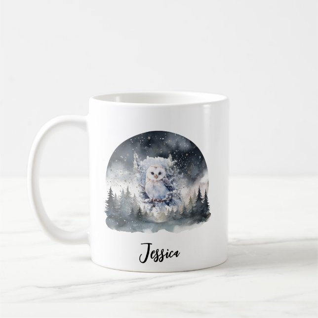 Christmas Winter Mountain Forest Adventure Owl Art Coffee Mug (Left)