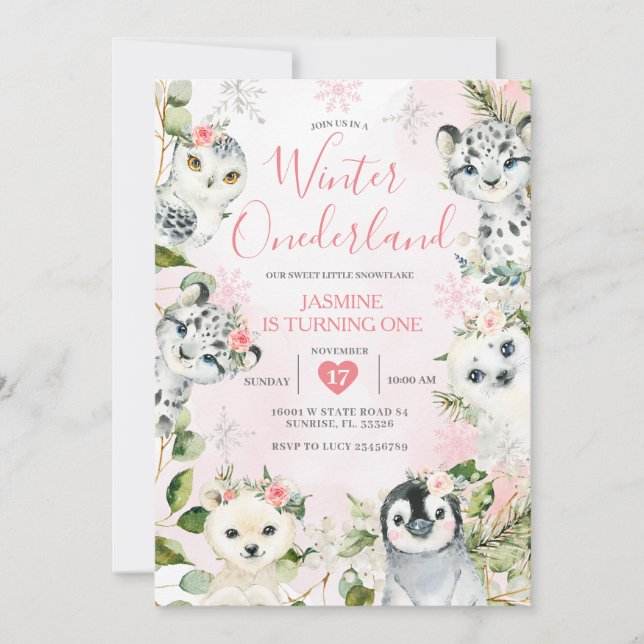 Christmas Winter ONEderland Arctic Animals Floral  Invitation (Front)