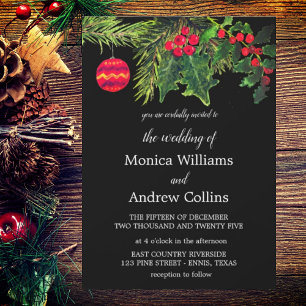 Christmas Winter Pine Black Watercolor Wedding Invitation