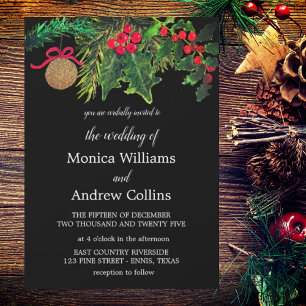 Christmas Winter Pine Black Watercolor Wedding Invitation