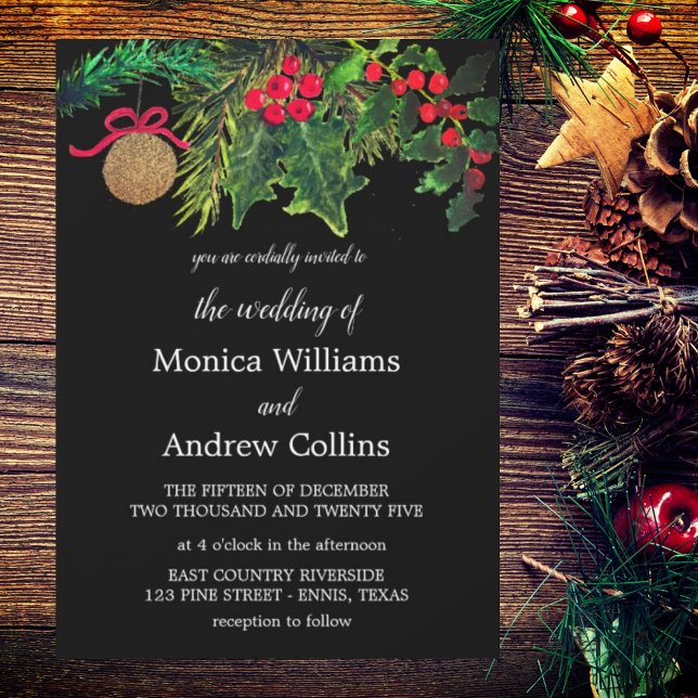 Christmas Winter Pine Black Watercolor Wedding Invitation (Creator Uploaded)