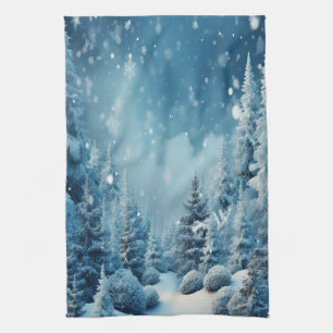 Christmas Winter Pine Tree Forest Snowing Tea Towel