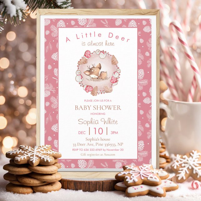 Christmas Winter Pink Deer Pine Cone Baby Shower Invitation (Christmas Winter Pink Deer Pine Cone Baby Shower Invitation)