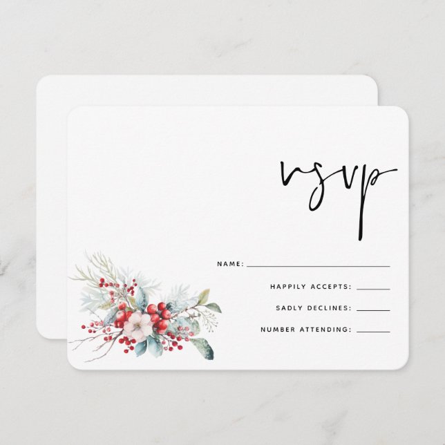 Christmas Winter Poinsettia Berries Wedding RSVP (Front/Back)