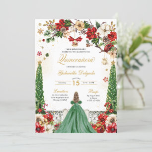 Christmas Winter Poinsettia Green Red Quinceanera Invitation