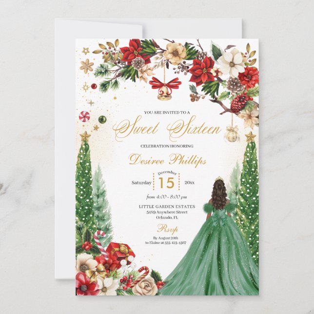Christmas Winter Poinsettia Princess Sweet Sixteen Invitation (Front)
