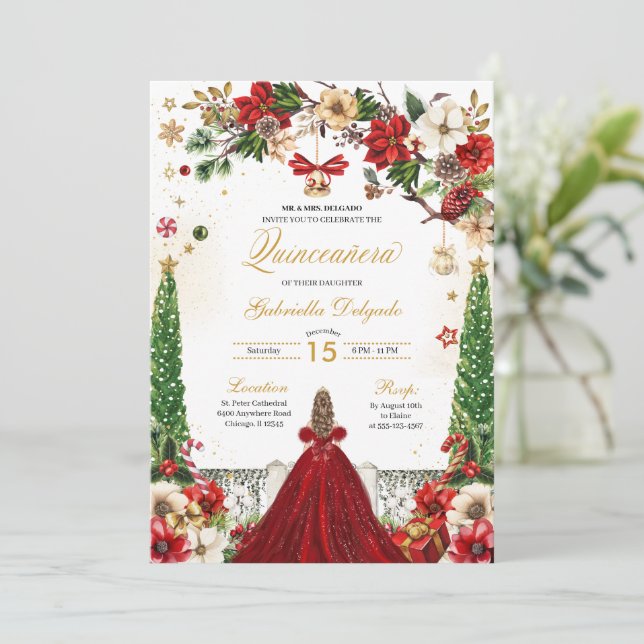Christmas Winter Poinsettia Red Gold Quinceanera Invitation (Standing Front)