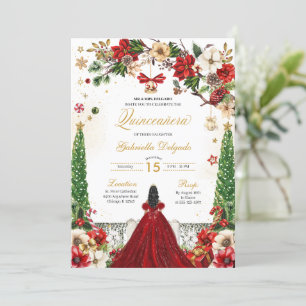 Christmas Winter Poinsettia Red Gold Quinceanera Invitation