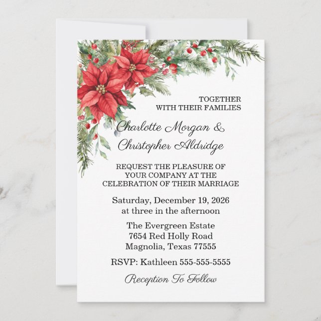 Christmas Winter Poinsettia Watercolor Invitation (Front)