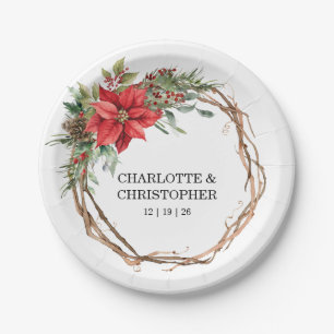 Christmas Winter Poinsettia Watercolor Wedding Paper Plate