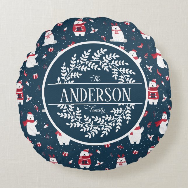 CHRISTMAS WINTER POLAR BEAR FAMILY MONOGRAM ROUND CUSHION (Front)