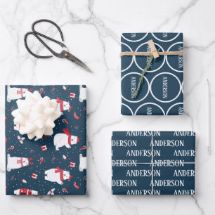 CHRISTMAS WINTER POLAR BEAR FAMILY MONOGRAM WRAPPING PAPER SHEET