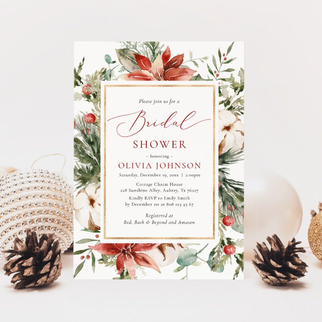 Christmas Winter Red Gold Greenery Bridal Shower Invitation (Creator Uploaded)
