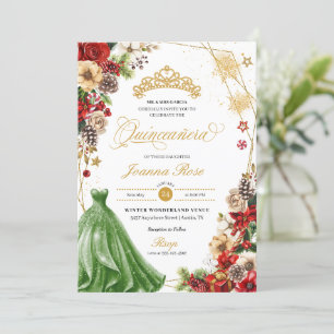 Christmas Winter Red & Gold Poinsettia Quinceanera Invitation