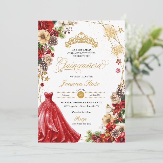Christmas Winter Red & Gold Poinsettia Quinceanera Invitation (Standing Front)