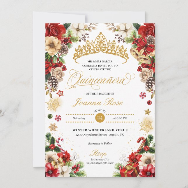 Christmas Winter Red & Gold Poinsettia Quinceanera Invitation (Front)