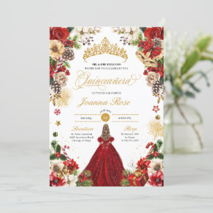 Christmas Winter Red & Gold Poinsettia Quinceanera Invitation