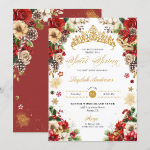 Christmas Winter Red & Gold Poinsettia Sweet 16 Invitation