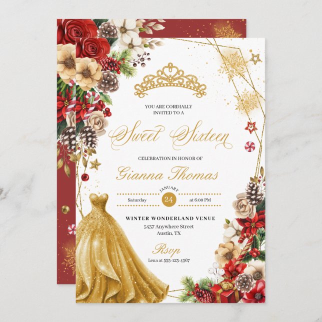 Christmas Winter Red & Gold Poinsettia Sweet 16 Invitation (Front/Back)