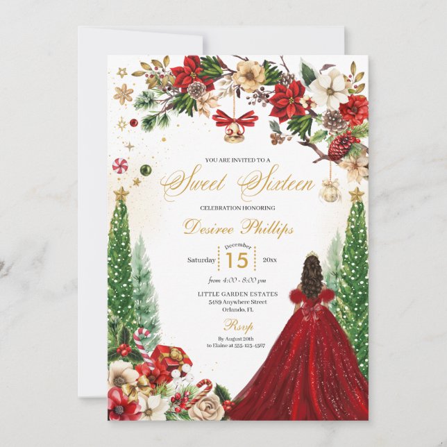 Christmas Winter Red Gold Poinsettia Sweet Sixteen Invitation (Front)