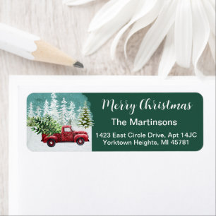Christmas Winter Red Truck Tree Return Address Label