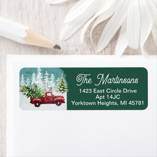 Christmas Winter Red Truck Tree Return Address Label (Insitu)
